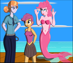 Size: 4000x3465 | Tagged: safe, artist:physicrodrigo, part of a set, copper top, pinkie pie, scootaloo, mermaid, series:equestria mermaids, equestria girls, g4, arm behind back, belly button, breasts, busty pinkie pie, busty scootaloo, clothes, cloud, cuffs, dress, equestria girls-ified, female, hands up, high res, holding up, id card, mermaidized, midriff, ocean, open mouth, part of a series, pier, pleated skirt, police officer, puddle, seashell bra, skirt, skirtaloo, smiling, species swap, story included, trio, trio female