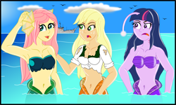 Size: 3079x1847 | Tagged: safe, artist:physicrodrigo, part of a set, applejack, fluttershy, twilight sparkle, angler fish, bird, mermaid, series:equestria mermaids, equestria girls, g4, angry, armpits, battleship, belly button, boat, breasts, busty applejack, busty fluttershy, busty twilight sparkle, clothes, cloud, disappearing clothes, earfins, female, gills, high res, looking back, loose hair, mermaidized, midriff, ocean, open mouth, part of a series, raised eyebrow, seashell bra, species swap, story included, torn clothes, trio, trio female