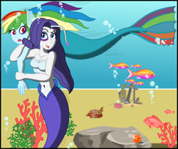 Size: 2251x1885 | Tagged: safe, artist:physicrodrigo, part of a set, rainbow dash, rarity, angler fish, fish, mermaid, series:equestria mermaids, equestria girls, g4, anchor, arm grab, belly button, black eye, breasts, bubble, busty rarity, cleavage, clothes, coral, disappearing clothes, dragon ball, dragon ball (object), duo, duo female, earfins, female, fight, high res, mermaidized, mermarity, midriff, motion lines, ocean, open mouth, part of a series, rock, shirt, shoulder throw, smiling, species swap, story included, torn clothes, underwater