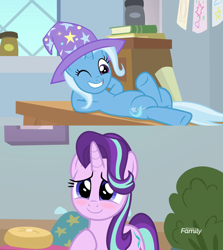 Size: 1278x1434 | Tagged: safe, edit, edited screencap, screencap, starlight glimmer, trixie, pony, unicorn, a horse shoe-in, g4, marks for effort, belly, blushing, clothes, female, hat, horn, lesbian, one eye closed, ship:startrix, shipping, shipping domino, trixie's hat, wink