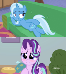 Size: 1278x1434 | Tagged: safe, edit, edited screencap, screencap, starlight glimmer, trixie, g4, marks for effort, road to friendship, blushing, couch, cute, diatrixes, discovery family logo, draw me like one of your french girls, female, glim, glim glam, glimmerbetes, glimmy, lesbian, mat, pillow, ship:startrix, shipping, shipping domino, sweet dreams fuel
