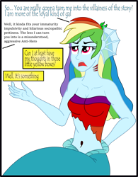 Size: 1654x2122 | Tagged: safe, artist:physicrodrigo, part of a set, rainbow dash, mermaid, series:equestria mermaids, equestria girls, g4, annoyed, author avatar, behind the scenes, belly button, clothes, deadpool, dialogue, dialogue box, earfins, female, fourth wall, gills, hand behind back, mermaidized, midriff, offscreen character, open mouth, papyrus, part of a series, raised hand, shirt, simple background, sitting, solo, species swap, speech bubble, text box, transparent background