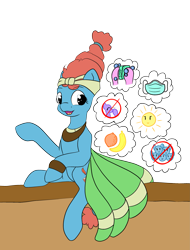 Size: 2403x3168 | Tagged: safe, artist:appleneedle, artist:icicle-niceicle-1517, color edit, edit, meadowbrook, earth pony, pony, g4, banana, bandana, boop, bubble, clothes, colored, coronavirus, covid-19, cute, female, food, high res, mare, mask, meadowcute, open mouth, orange, public service announcement, raised hoof, simple background, skirt, soap, solo, sun, transparent background