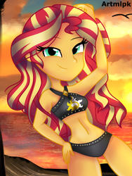 Size: 1536x2048 | Tagged: safe, artist:artmlpk, sunset shimmer, equestria girls, equestria girls series, g4, adorasexy, adorkable, beach, beach babe, beautiful, belly, belly button, bikini, clothes, cute, dork, female, hair, hand on head, hand on hip, looking at you, ocean, outfit, sexy, shimmerbetes, smiling, smiling at you, smirk, smug, smugset shimmer, solo, summer sunset, sunset, swimsuit, two-piece swimsuit