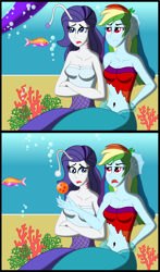 Size: 2341x3976 | Tagged: safe, artist:physicrodrigo, part of a set, rainbow dash, rarity, twilight sparkle, angler fish, fish, mermaid, series:equestria mermaids, equestria girls, g4, 2 panel comic, belly button, breasts, bubble, busty rainbow dash, busty rarity, cleavage, clothes, coral, crossed arms, dragon ball, dragon ball (object), dress, duo focus, earfins, female, frown, gills, hand behind back, high res, holding up, mermaidized, mermarity, midriff, ocean, open mouth, part of a series, shirt, sitting, species swap, threat, torn clothes, underwater, worried