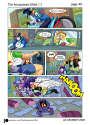 Size: 2726x3802 | Tagged: safe, artist:atariboy2600, artist:bluecarnationstudios, applejack, rainbow dash, rarity, sci-twi, spike, spike the regular dog, sunset shimmer, twilight sparkle, dog, human, mouse, comic:the amazonian effect, comic:the amazonian effect iii, equestria girls, g4, amazonian, breasts, busty applejack, busty rainbow dash, clothes, comic, destruction, donkey kong, donkey kong (arcade), helmet, high res, jacket, jumpman, knocked out, motorcycle, muscles, muscular female, open mouth, overdeveloped muscles, purse, race, ripped rarity, speech bubble, sunglasses, truck, video game