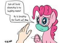 Size: 1200x675 | Tagged: safe, artist:pony-berserker, pinkie pie, earth pony, human, pony, pony-berserker's twitter sketches, g4, breaking the fourth wall, coronavirus, covid-19, covidiots, face mask, frog (hoof), hand, looking at you, mask, social distancing, surgical mask, talking to viewer, underhoof