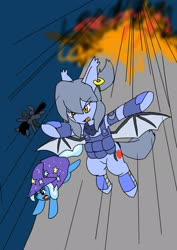 Size: 1451x2048 | Tagged: safe, artist:omegapony16, trixie, oc, oc:oriponi, bat pony, pony, unicorn, g4, armor, bat pony oc, bat wings, cape, clothes, ear piercing, earring, explosion, falling, female, hat, jewelry, male, mare, open mouth, piercing, scarf, spread wings, stallion, t pose, vest, wings