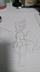 Size: 1152x2048 | Tagged: safe, artist:omegapony16, gallus, griffon, g4, cheerleader, cheerleader outfit, clothes, clothes swap, crossdressing, irl, lineart, lined paper, male, nervous, pencil, photo, skirt, solo, traditional art