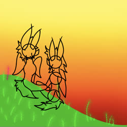 Size: 828x829 | Tagged: safe, artist:kittycatrittycat, pony, female, grassy field, hill, male, sunset, wings, wip