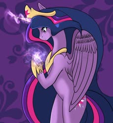Size: 900x979 | Tagged: safe, artist:haydee, twilight sparkle, alicorn, pony, g4, the last problem, bipedal, crown, female, glowing horn, hoof shoes, horn, jewelry, magic, mare, older, older twilight, older twilight sparkle (alicorn), princess twilight 2.0, profile, purple background, regalia, simple background, solo, twilight sparkle (alicorn)