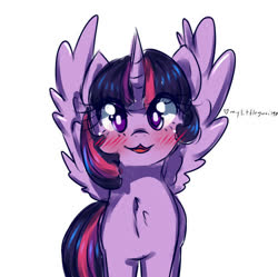Size: 500x497 | Tagged: safe, artist:mylittleyuri, twilight sparkle, alicorn, pony, g4, :3, blushing, chest fluff, cute, female, looking at you, mare, open mouth, simple background, solo, spread wings, twiabetes, twilight sparkle (alicorn), white background, wings