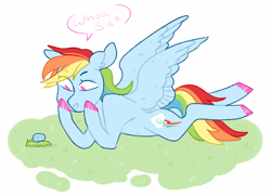 Size: 1020x738 | Tagged: safe, artist:jellybeanbullet, rainbow dash, pegasus, pony, snail, g4, colored hooves, female, grass, hooves, lying, mare, no pupils, prone, simple background, solo, speech bubble, spread wings, white background, wings