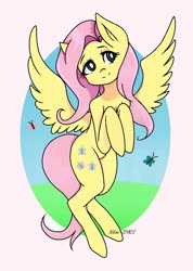 Size: 744x1046 | Tagged: safe, artist:nikimispace, fluttershy, butterfly, pegasus, pony, g4, cute, female, hooves to the chest, mare, pixiv, shyabetes, solo, spread wings, wings