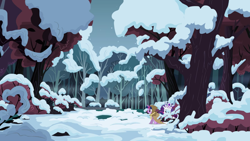 Size: 2880x1620 | Tagged: safe, screencap, clover the clever, princess platinum, rarity, twilight sparkle, pony, unicorn, g4, hearth's warming eve (episode), clearing, crown, duo, female, forest, hood, jewelry, mare, regalia, snow, tree, unicorn twilight