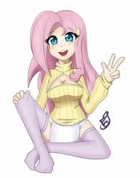 Size: 1014x1288 | Tagged: safe, artist:geotastic, fluttershy, human, g4, breasts, clothes, diaper, diaper fetish, female, fetish, humanized, non-baby in diaper, open-chest sweater, simple background, socks, solo, sweater