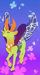 Size: 715x1328 | Tagged: safe, artist:glamrockbonnie, thorax, changedling, changeling, g4, flying, insect wings, king thorax, lineless, male, signature, smiling, solo, spread wings, wings