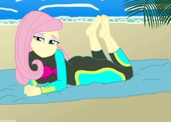 Size: 1058x755 | Tagged: safe, artist:robukun, fluttershy, equestria girls, g4, barefoot, beach, beach towel, bedroom eyes, clothes, feet, feet up, female, fluttershy's wetsuit, foot focus, grin, looking at you, prone, smiling, smiling at you, solo, swimsuit, wetsuit