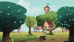 Size: 2000x1124 | Tagged: safe, screencap, family appreciation day, g4, apple tree, clubhouse, crusaders clubhouse, flower, no pony, telescope, tree, tree stump, treehouse, zap apple flower, zap apple tree