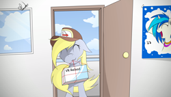 Size: 3840x2180 | Tagged: safe, artist:francis-márt, derpy hooves, dj pon-3, vinyl scratch, pegasus, pony, g4, cloud, day, delivery pony, female, hat, high res, mailmare hat, mouth hold, poster, solo