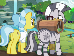 Size: 635x478 | Tagged: safe, screencap, doctor fauna, zecora, earth pony, pony, zebra, g4, she talks to angel, butt, cage, clothes, cropped, duo, duo female, female, frown, leg rings, looking at something, mare, plot, ponytail, shrunken pupils, tree, waterfall