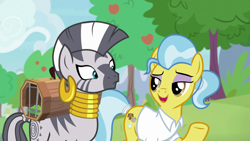 Size: 1920x1080 | Tagged: safe, screencap, doctor fauna, zecora, earth pony, pony, zebra, g4, she talks to angel, cage, clothes, duo, duo female, ear piercing, earring, eyeshadow, female, jewelry, lidded eyes, looking at each other, makeup, mare, neck rings, open mouth, piercing, ponytail, purple eyeshadow, raised hoof, shrunken pupils, smiling, tree