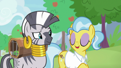 Size: 1920x1080 | Tagged: safe, screencap, doctor fauna, zecora, earth pony, pony, zebra, g4, she talks to angel, apple, apple tree, beautiful, cage, cute, duo, ear piercing, earring, eyes closed, eyeshadow, female, grin, jewelry, makeup, mare, mohawk, neck rings, open mouth, piercing, ponytail, purple eyeshadow, raised eyebrow, raised hoof, smiling, tree