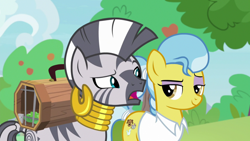 Size: 1920x1080 | Tagged: safe, screencap, doctor fauna, zecora, earth pony, pony, zebra, g4, she talks to angel, cage, duo, duo female, ear piercing, earring, eyeshadow, female, grin, jewelry, lidded eyes, looking at each other, makeup, mare, neck rings, open mouth, piercing, ponytail, purple eyeshadow, raised eyebrow, smiling, smirk, tree