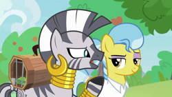 Size: 1920x1080 | Tagged: safe, screencap, doctor fauna, zecora, earth pony, pony, zebra, g4, she talks to angel, cage, duo, duo female, eyeshadow, female, grin, lidded eyes, looking at each other, makeup, open mouth, ponytail, purple eyeshadow, raised hoof, smiling, tree