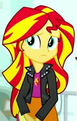 Size: 589x934 | Tagged: safe, screencap, sunset shimmer, equestria girls, g4, my little pony equestria girls: summertime shorts, pet project, <:|, clothes, cropped, cutie mark on clothes, female, hands down, jacket, leather, leather jacket, shirt, skirt, solo