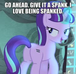 Size: 600x581 | Tagged: safe, edit, edited screencap, screencap, starlight glimmer, pony, unicorn, g4, the cutie map, bronybait, butt, caption, cropped, cutie mark vault, equal cutie mark, female, glimmer glutes, glowing horn, horn, image macro, imminent spanking, implied spanking, mare, meme, memeful.com, plot, solo, text