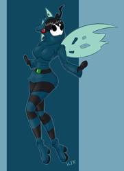 Size: 1066x1475 | Tagged: safe, artist:helixjack, queen chrysalis, changeling, changeling queen, shy guy, anthro, plantigrade anthro, g4, abstract background, clothes, costume, female, shoes, shy gal, socks, solo, striped socks, super mario bros., wings