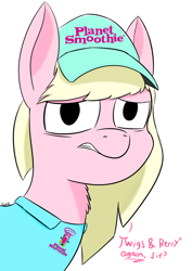 Size: 4092x5787 | Tagged: safe, artist:tazool, oc, oc only, pony, bust, clothes, dead inside, depressed, dialogue, employee, female, hat, looking at you, planet smoothie, question, simple background, smoothie, solo, uniform, white background