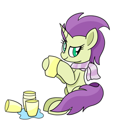 Size: 1355x1414 | Tagged: safe, artist:notadeliciouspotato, oc, oc only, oc:sky spark, pony, unicorn, clothes, cup, dreamworks face, female, hoof hold, mare, scarf, simple background, sitting, smiling, solo, transparent background