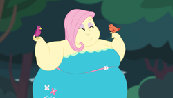 Size: 2560x1440 | Tagged: safe, artist:neongothic, fluttershy, bird, human, equestria girls, g4, my little pony equestria girls: better together, adorafatty, bbw, belly, big belly, big breasts, bingo wings, breasts, cleavage, double chin, eyes closed, fat, fat boobs, fattershy, female, happy, morbidly obese, obese, smiling, ssbbw, weight gain