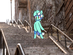 Size: 1111x834 | Tagged: safe, artist:shovrike, edit, lyra heartstrings, pony, unicorn, g4, animated, dancing, flossing (dance), frame by frame, irl, joker (2019), joker stairs, photo, ponies in real life, solo, stairs, the joker