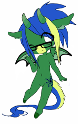 Size: 474x752 | Tagged: safe, artist:devilishcatkaia, oc, oc only, oc:princess singularity, demon, demon pony, original species, anthro, unguligrade anthro, bat wings, chibi, eyebrows, eyebrows visible through hair, featureless crotch, glasses, multiple horn, one eye closed, smiling, solo, waving, white eyes, wings, wink