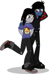 Size: 2021x3067 | Tagged: safe, artist:stellardusk, equestria girls, g4, arm behind head, belt, blushing, boots, bring me the horizon, clothes, commission, disguise, disguised siren, drop dead clothing, equestria girls-ified, gay, hand on shoulder, hands behind back, high res, hoodie, jeans, jewelry, kellin quinn, lip piercing, looking at each other, male, necklace, oliver sykes, paint bottle, paint stains, pants, piercing, raised leg, ripped jeans, shipping, shirt, shoes, simple background, sleeping with sirens, smiling, t-shirt, tattoo, transparent background, undershirt