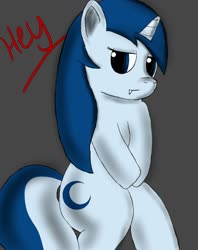 Size: 1013x1280 | Tagged: safe, artist:crescentpony, oc, oc only, oc:crescent moon, pony, unicorn, fangs, female, gray background, horn, looking at you, mare, simple background, solo, speech, unicorn oc