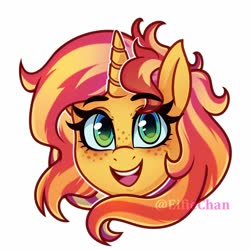 Size: 1500x1500 | Tagged: safe, artist:katakiuchi4u, sunset shimmer, pony, unicorn, g4, :d, bust, cute, female, freckles, happy, head only, looking at you, mare, open mouth, peppered bacon, portrait, shimmerbetes, simple background, smiling, solo, white background