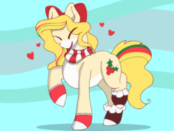 Size: 640x480 | Tagged: safe, artist:slimefox, oc, oc only, oc:hollie, earth pony, pony, animated, booties, bow, christmas, clothes, commission, cute, dancing, earth pony oc, eyes closed, gif, happy, heart, holiday, holly, multicolored hair, ocbetes, original art, pale belly, scarf, socks, solo, trotting, trotting in place