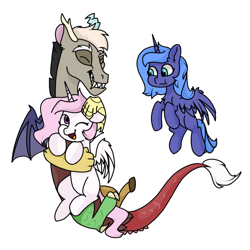 Size: 1080x1080 | Tagged: safe, artist:bbluna, discord, princess celestia, princess luna, alicorn, draconequus, pony, g4, chest fluff, cute, cutelestia, ear fluff, female, filly, flying, lunabetes, male, one eye closed, open mouth, pink-mane celestia, s1 luna, simple background, white background, wings, younger