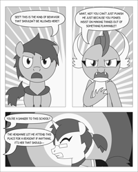 Size: 4000x5000 | Tagged: safe, artist:experimental_gd_inuk, smolder, oc, oc:gem inukshuk, oc:mahogany chip, dragon, earth pony, pony, unicorn, g4, absurd resolution, angry, black and white, clothes, comic, dialogue, dragoness, eyes closed, female, grayscale, hoodie, monochrome, ponytail, reflective vest, speech bubble