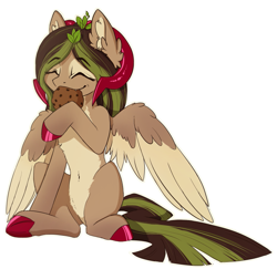Size: 721x700 | Tagged: safe, artist:wbp, derpibooru exclusive, oc, oc only, oc:helemaranth, pegasus, pony, cookie, food, horns, simple background, solo, sticker, transparent background