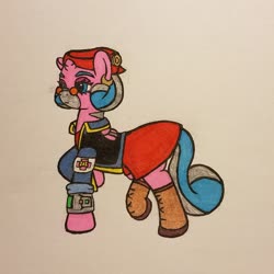 Size: 1973x1973 | Tagged: safe, artist:dice-warwick, oc, oc only, oc:harp melody, pony, fallout equestria, fallout equestria: desperados, clothes, dress, glasses, jacket, mirage pony, pipbuck, red hat, solo, traditional art, vest