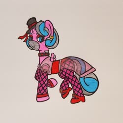 Size: 2086x2086 | Tagged: safe, artist:dice-warwick, oc, oc only, oc:harp melody, pony, fallout equestria, fallout equestria: desperados, choker, clothes, corset, dress, fishnet stockings, high res, horn, mirage pony, small horn, small wings, solo, traditional art, wings