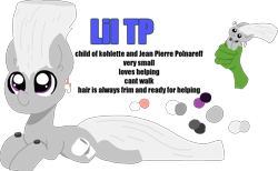 Size: 1439x888 | Tagged: safe, artist:nootaz, oc, oc only, oc:anon, oc:lil tp, earth pony, pony, colt, disembodied hand, hand, holding a pony, interspecies offspring, male, offscreen character, offspring, parent:jean pierre polnareff, parent:oc:kohlette, prone, reference sheet, simple background, toilet paper, transparent background