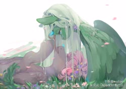 Size: 3508x2480 | Tagged: dead source, safe, artist:小huhu狸君呀, oc, oc only, pegasus, pony, flower, grass, high res, looking down, lying down