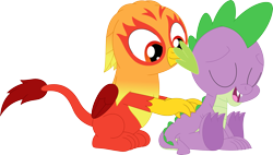 Size: 3571x2032 | Tagged: safe, artist:porygon2z, spike, oc, oc:heatwave, dragon, griffon, g4, duo, duo male, eyes closed, high res, male, open mouth, simple background, transparent background, vector
