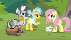Size: 1920x1080 | Tagged: safe, screencap, angel bunny, doctor fauna, fluttershy, zecora, earth pony, pegasus, pony, rabbit, zebra, g4, she talks to angel, animal, cage, ear piercing, earring, female, group, jewelry, leg rings, male, mare, neck rings, piercing, quartet